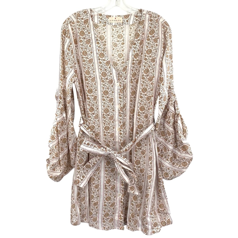 Hannah Artwear Rhea Linen Floral Mini Shirt Dress Belted Prairie Puff Sleeves